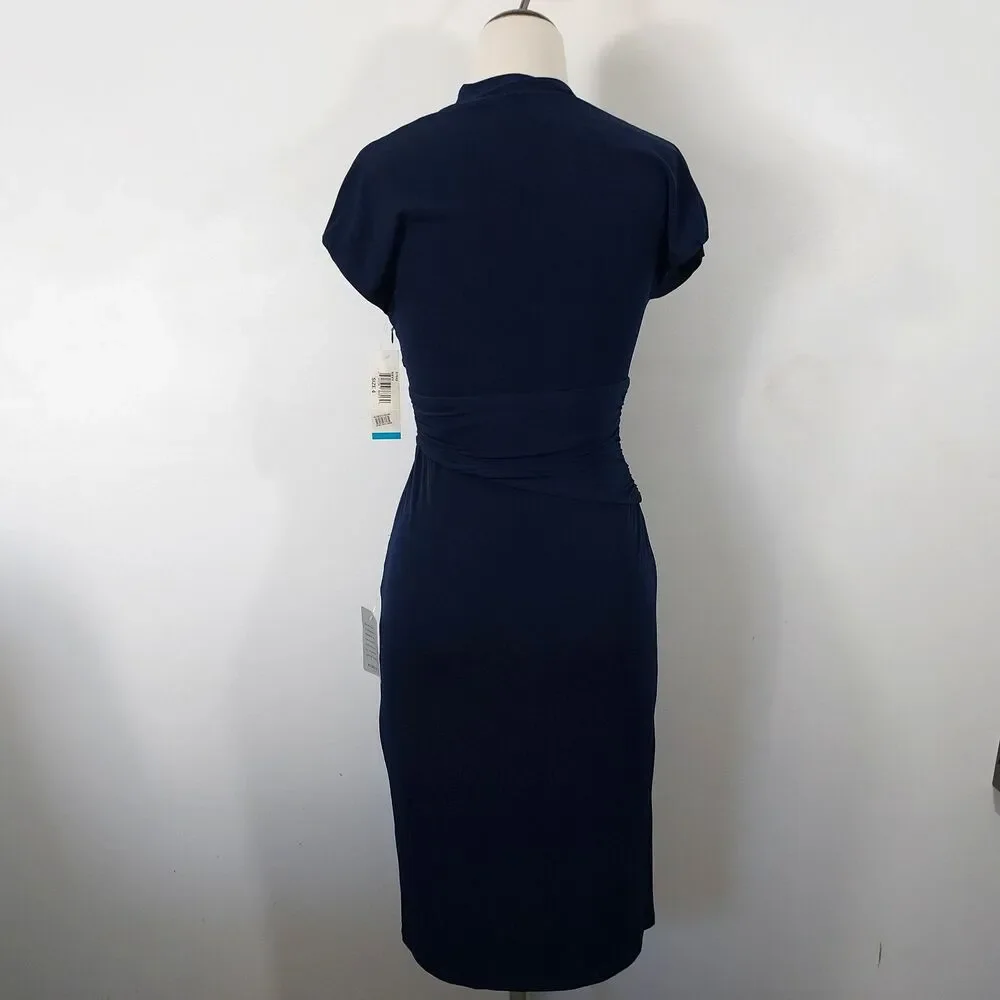 Ivy & Blu Maggy Boutique V-Neck Navy Blue Faux Wrap Dress Size 4 Flowy New